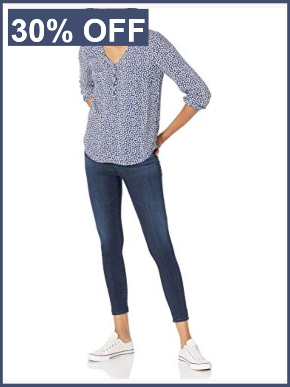 3/4 Sleeve Button Popover Blouse, V-Neck Loose Fit Top - Picture 4 of 6